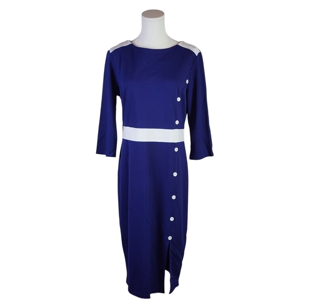 HOMEYEE Navy White Colorblock Pencil Sheath Dress XL Office Cocktail - Picture 2 of 9